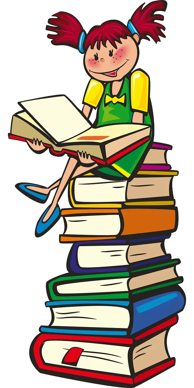 Illustration eines Mädchens, das auf einem Stapel Bücher sitzt und liest