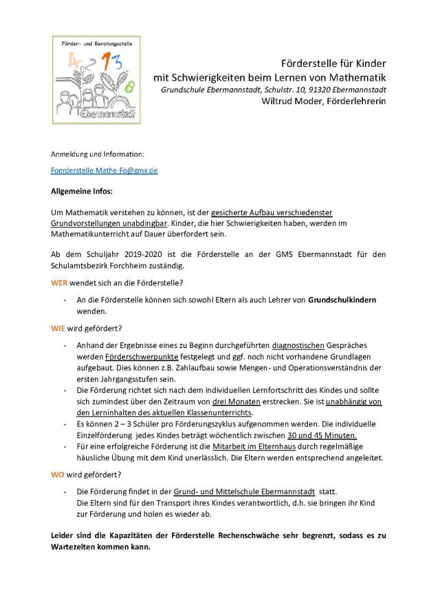 Informationsblatt der Förder- und Beratungsstelle Rechenschwäche